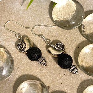 3/$25 Silver Earrings - Beachy Nautilus & Black Lava Rock Bead Pierced Hook Da…